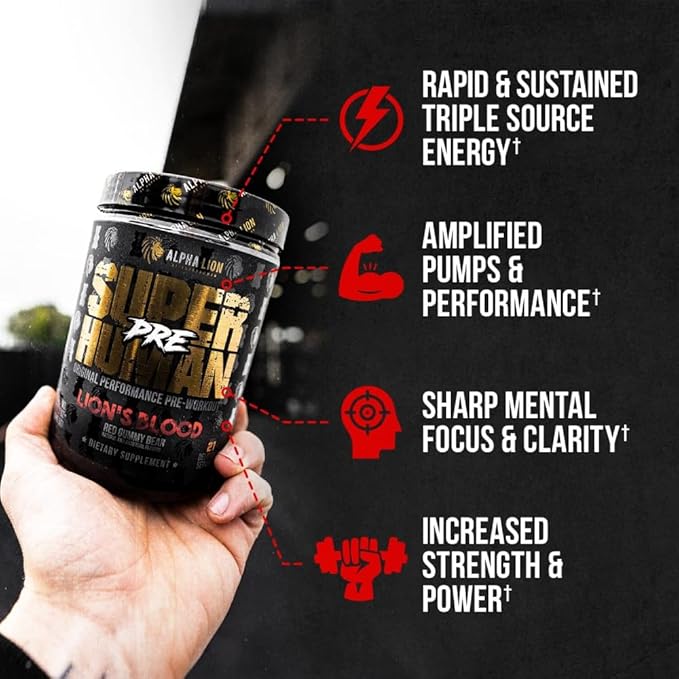 ALPHA LION Pre Workout Powder, Beta Alanine, L-Taurine & Tri-Source Caffeine for Sustained Energy & Focus, Nitric Oxide & Citrulline for Pump (21 Servings, Lion's Blood Flavor), Pack of 1