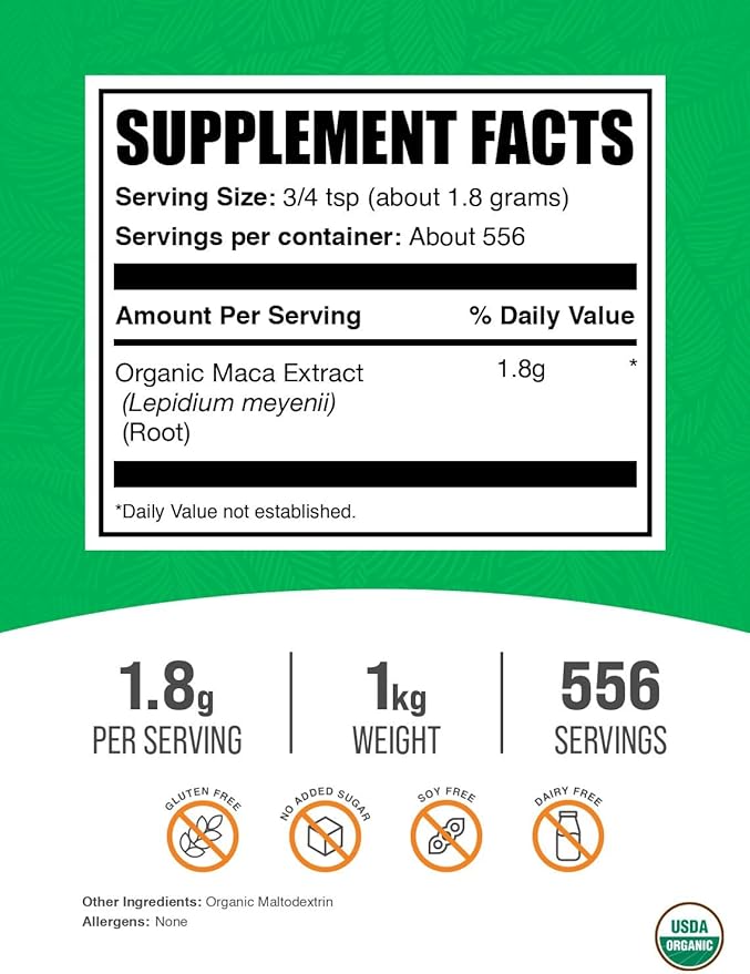 BulkSupplements.com Organic Maca Root Extract Powder - Maca Supplement, Maca Powder Organic, Maca Extract - Vegan & Gluten Free, 1.8g of per Serving, 1kg (2.2 lbs) (Pack of 1)