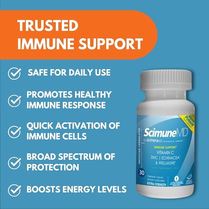 ScimeraMD® Scimune Immune Support Supplement with Zinc, Quercetin, Echinacea, and Wellmune® Beta Glucan, 30 CT