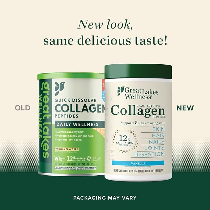 Great Lakes Wellness Collagen Peptides Powder for Skin, Hair, Nails, Joints & Digestion - Vanilla Flavored - Quick Dissolve Hydrolyzed, Non-GMO, Kosher - 10 oz
