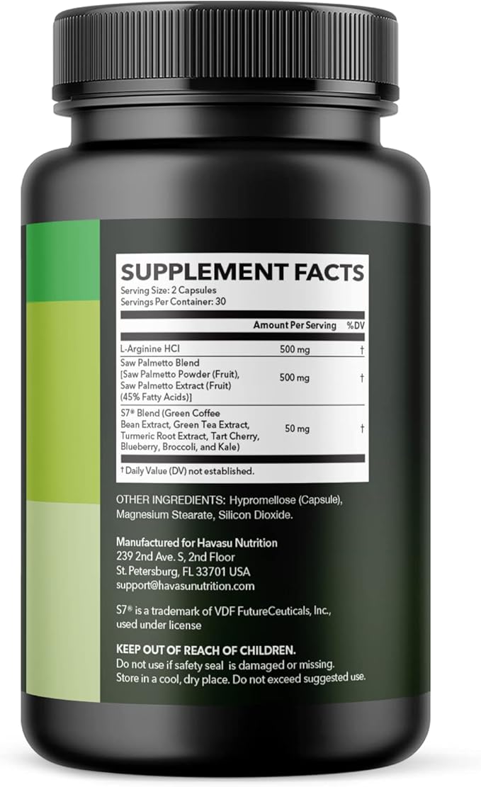 L-Arginine 500mg and Saw Palmetto 500mg - Nitric Oxide and Prostate Health Supplements for Men - 60 Count - Endurance and Urinary Tract Function Support - 1 Month Supply - Vegan, Non-GMO Capsules
