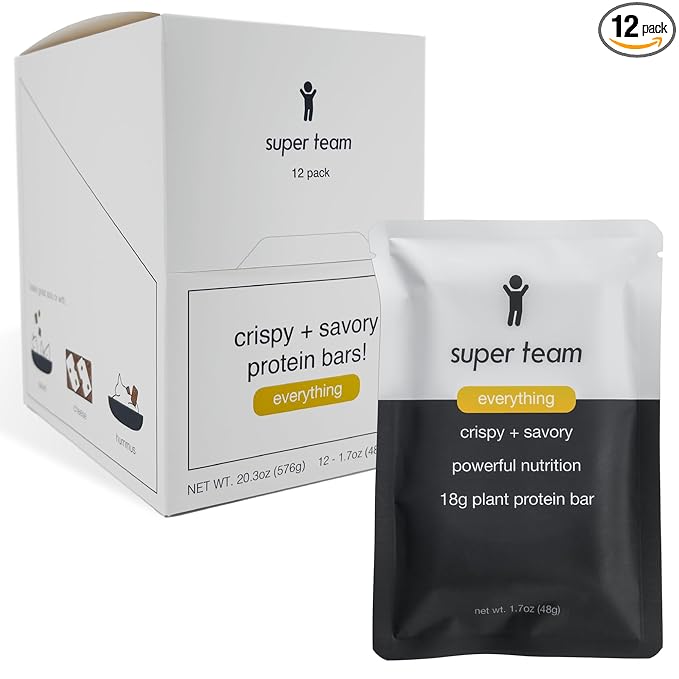 Super Team Savory + Crispy Protein Bars - Everything Bagel - 12-Count Snack Bars - High Protein (18g), High Fiber (7g), Low Sugar (1g) - Gluten Free, Nut Free, Soy Free, Vegan Plant Based Meal Replacement