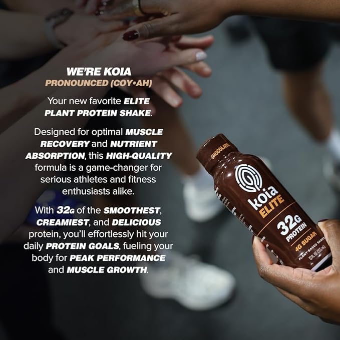Koia Elite Plant Based Protein Shake, Chocolate, 32g Protein, 4g Sugar, 6g Prebiotic Fiber, Pre & Post Workout Nutritional Drink, No Seed Oils, Dairy-Free, Gluten-Free, Non-GMO, 12 Fl Oz (Pack of 12)