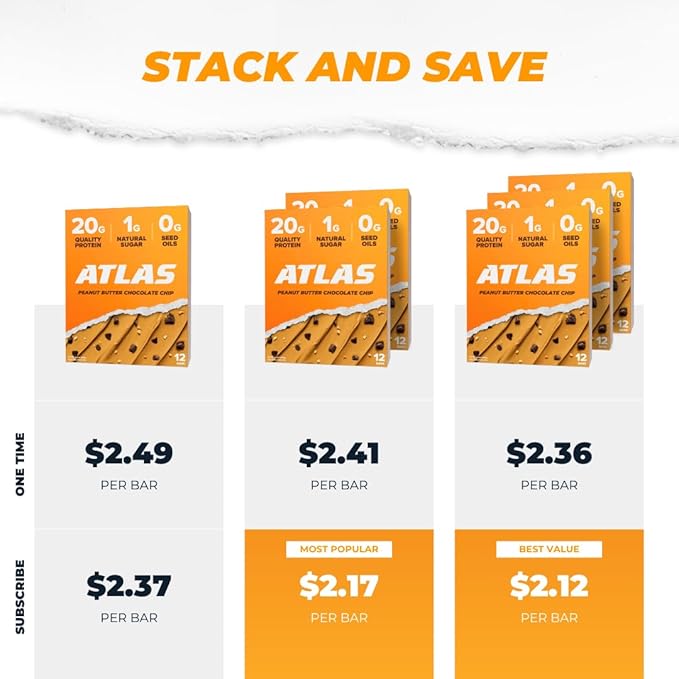 Atlas Protein Bar, 20g Protein, 1g Sugar, Clean Ingredients, Gluten Free (Peanut Butter Chocolate Chip, 12 Count (Pack of 2))