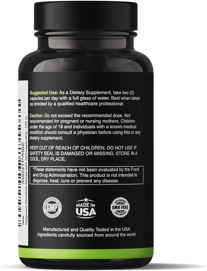 Natgrown Rhodiola Rosea with Ashwagandha Root Extract Capsules - Standardized to 3% Rosavins and 1% Salidroside - 120 Count