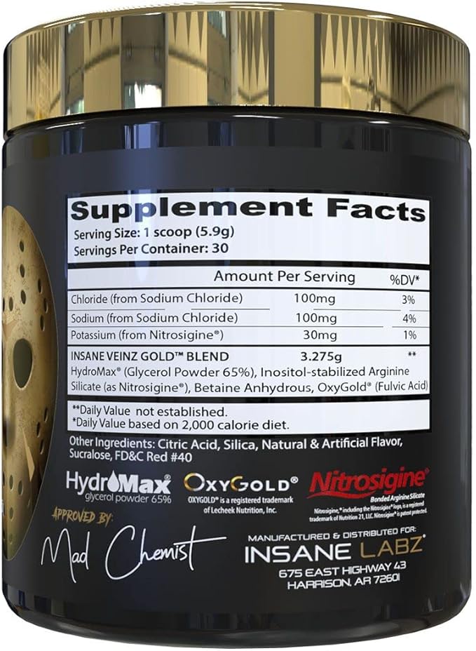 Insane Labz Insane Veinz Gold, Nitric Oxide Non Stimulant pre Workout Powder, Loaded with Hydromax, Nitrosigine, Increases Vascularity and Blood Flow, 30 Srvgs, Fruit Punch