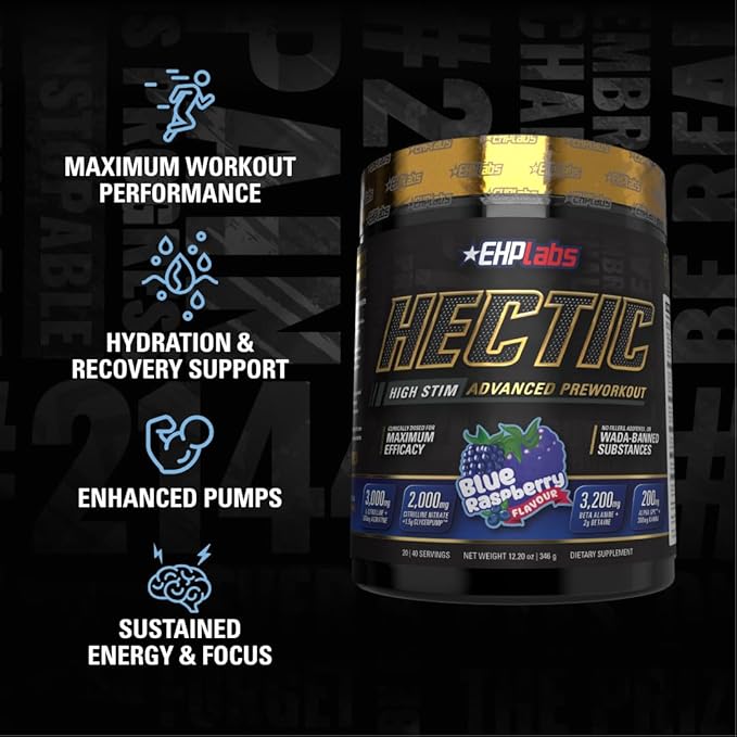 EHP Labs Hectic PreWorkout - High Stim Advanced Pre Workout Powder for Max Performance - Caffeine, Beta Alanine, Coconut Water - Energy, Pump, Recovery & Hydration - 40 Serves (Blue Raspberry)