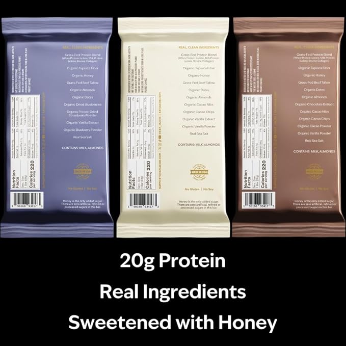 Jacob Bar, Protein Bars, Variety Pack (9 Bars Total) Contains 3 of Each; Chocolate, Vanilla, Berry - 20g Grass-Fed Protein, No Seed Oils, Nothing Artificial