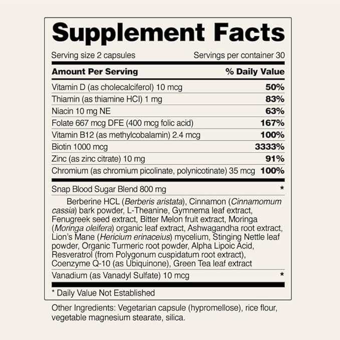 Snap Supplements Blood Sugar Blend with Berberine, CoQ10, Cinnamon, Alpha Lipoic Acid and Gymnema to Support Healthy Blood Sugar, Metabolic Health and Energy, Sugar Free, 60 Capsules, 2 Pack