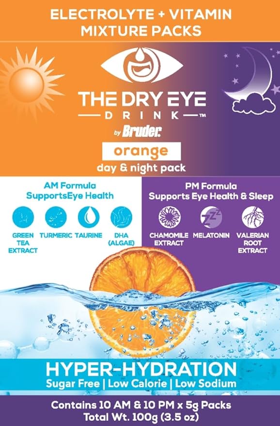 l Ultimate Hydration for Dry Eyes l Sugar-Free Electrolyte Powder Packets l Blended with Vitamins, Green Tea, Turmeric, Taurine, and DHA l 5g x 20 Packets (Orange AM/PM)