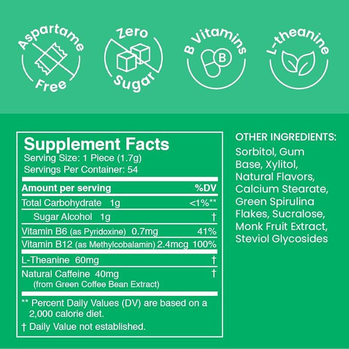 Neuro Energy Caffeine Gum (54 Pieces) - Sugar Free with L-theanine + Natural Caffeine + Vitamin B12 & B6 - Nootropic Energy & Focus Supplement for Women & Men - Keto & Vegan, Spearmint Flavor