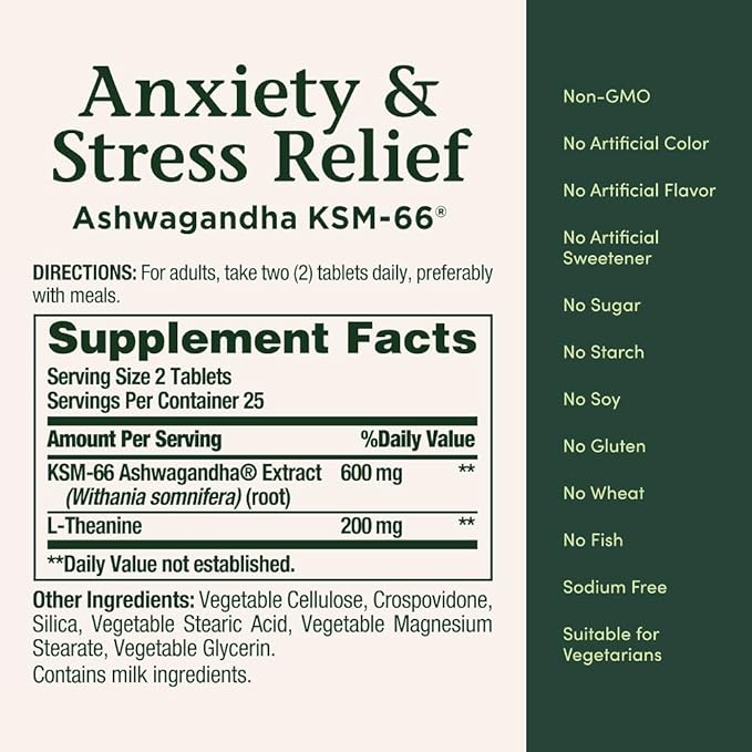 Nature's Bounty Stress Relief Ashwagandha KSM 66 Tablets, Mood Support, 50 Count
