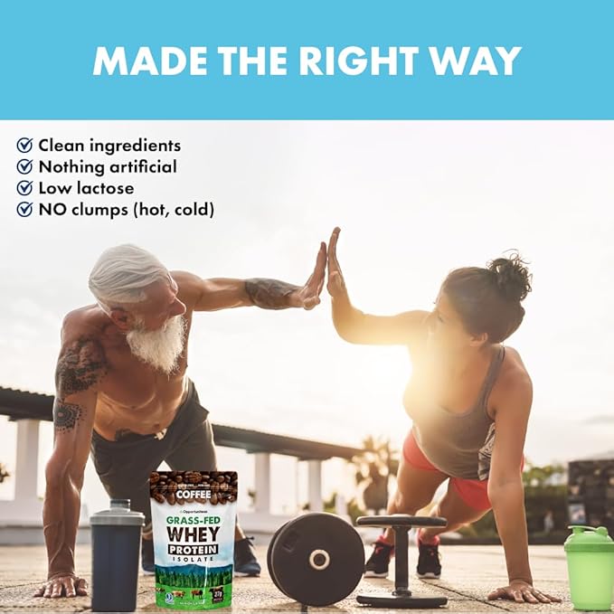 Opportuniteas Coffee Whey Protein Powder - Low Carb & Keto Friendly - Grass Fed Whey Isolate + Colombian Coffee - 60 mg Caffeine for Energy - Pre or Post Workout Drink Mix, Latte, Shake & Smoothie 1lb