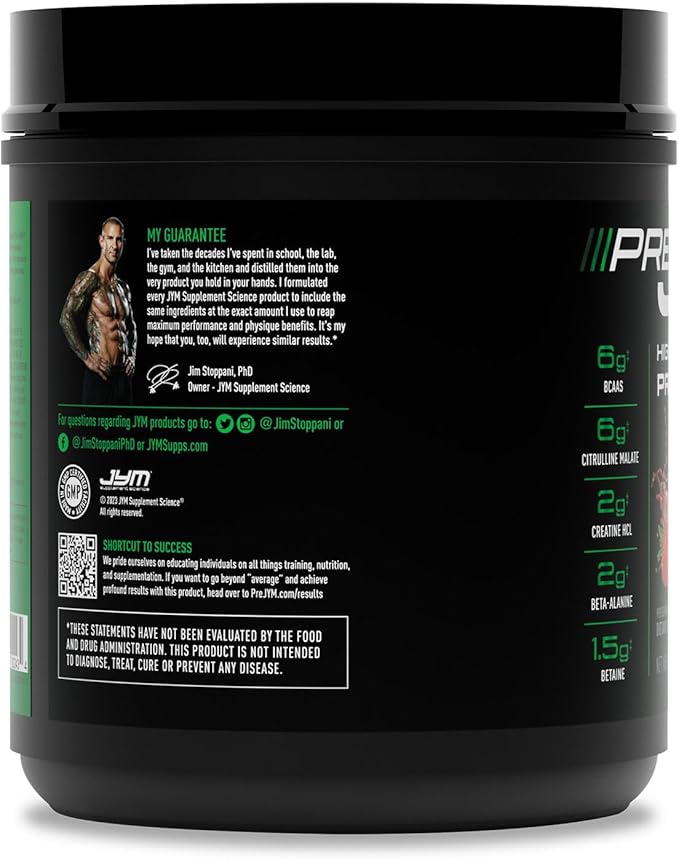 JYM Supplement Science Pre JYM Strawberry Kiwi Pre Workout Powder - BCAAs, Nootropics, Creatine HCI, Citrulline, Beta-Alanine, Betaine, Taurine, Huperzine 30 Servings