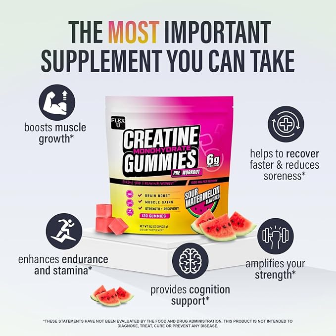 (6g) Creatine Monohydrate Gummies Men Women for Pre Workout Energy Muscle Growth Gym Gains Recovery, Preworkout Protein Chews Creatina Gomitas, Body Builder Focus Supplement Vitamin (Vegan | 120 Ct)