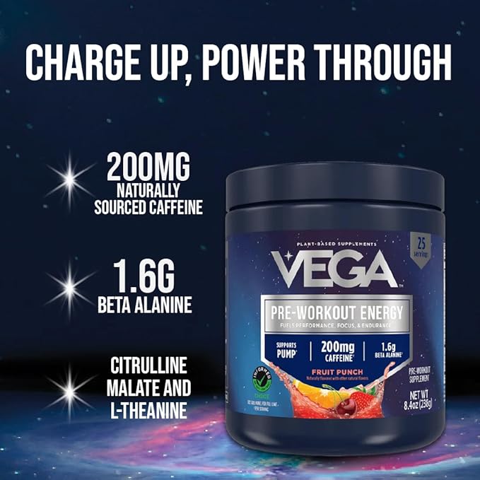 Vega Pre-Workout - 200mg Caffeine, Energy & Focus, Mango Passionfruit, 25 Servings, 1.6g Beta Alanine, 6g Citrulline Malate, Energy & Focus Drink Mix, Vegan, Gluten & Dairy Free, No Sugar Added, 8.4oz
