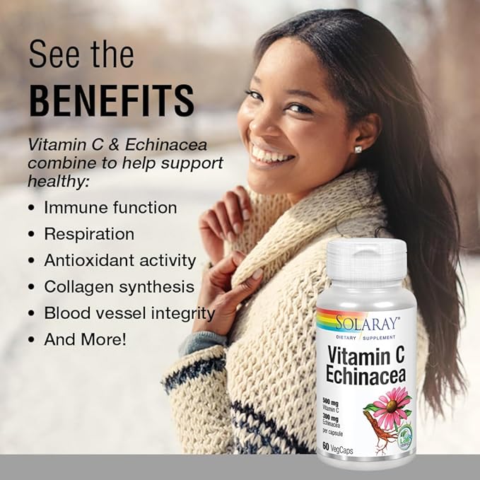Solaray Vitamin C & Echinacea Root | Healthy Immune System Support w/ 500 mg VIT C & 300 mg Echinacea Per Capsule | Non-GMO & Vegan | 60 VegCaps