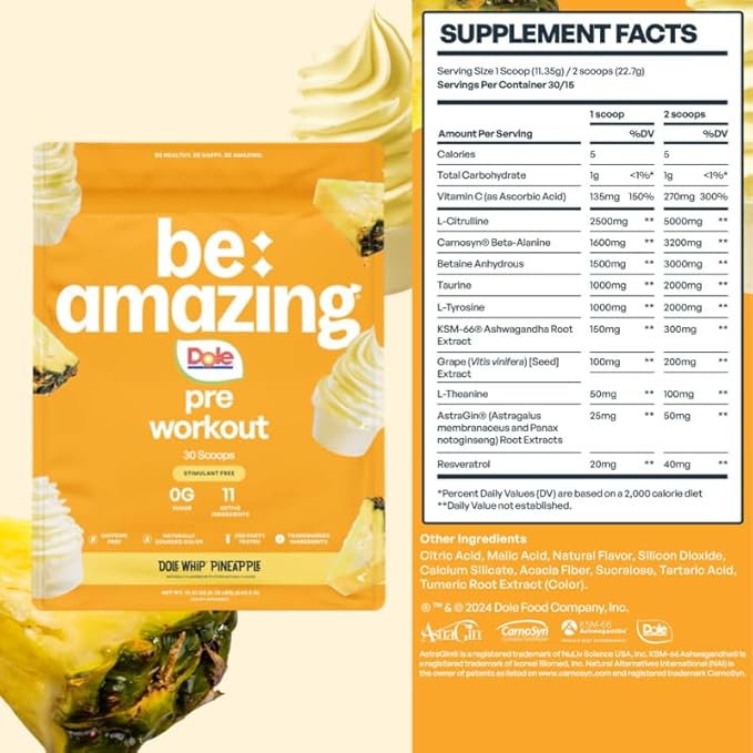 Be Amazing Vegan Stim Free Pre-Workout Powder | Energy Booster Powdered Drink with No Caffeine, No Crash, No Jitters | Gluten-Free Supplement with Adaptogens | Dole Whip Pineapple, 30 Scoops