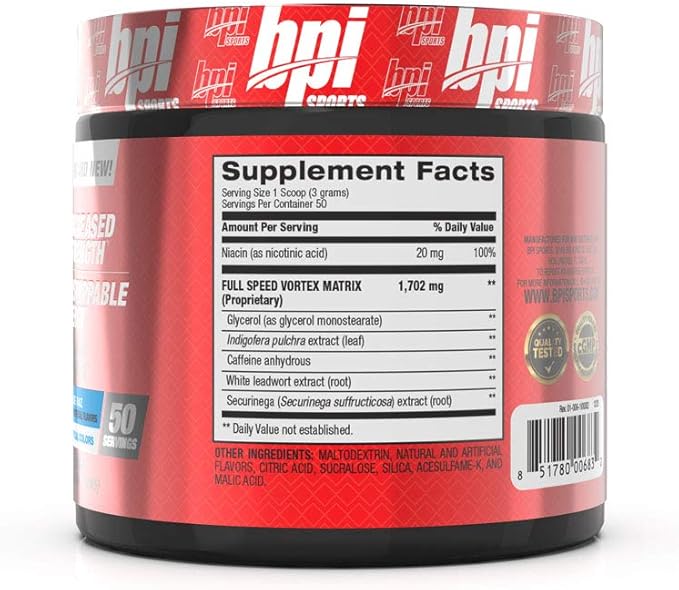 BPI Sports 1.M.R Vortex Pre Workout Powder – Blue Raz Flavor – 50 Servings – High Stim Preworkout for Men & Women with Glycerol, Caffeine, Niacin, and Herbal Extracts – Energy, Focus & Endurance