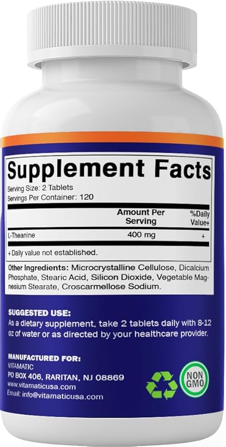 Vitamatic L-Theanine Supplement 400mg per Serving - 240 Tablets - Non-GMO, Gluten Free