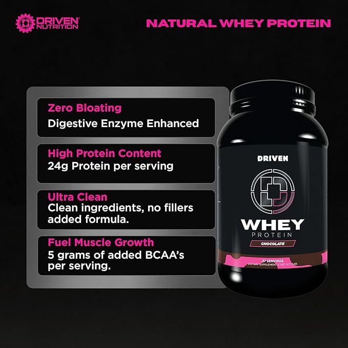 Driven WHEY- Grass Fed Whey Protein Powder: Delicious, Clean Protein Shake- Improve Muscle Recovery with 23 Grams of Protein with Added BCAA and Digestive Enzymes (2 lb, Chocolate Milkshake)
