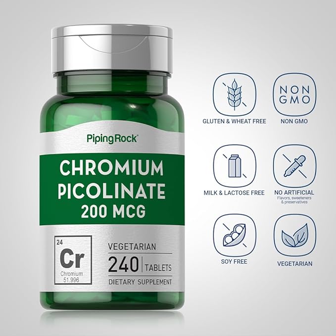 Piping Rock Chromium Picolinate 200mcg | 240 Tablets | Trace Mineral Supplement | Vegetarian, Non-GMO, Gluten Free