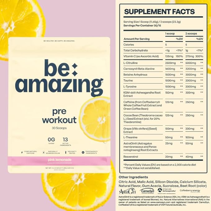 Be Amazing Vegan Pre-Workout Powder | Energy Booster Powdered Drink with All-Natural Caffeine, No Crash, No Jitters | Supplement with Adaptogens for Men and Women | Pink Lemonade, 40 Scoops
