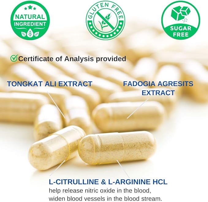 Tongkat Ali Fadogia Agrestis - 1200mg, Enhanced with Nitric Oxide Booster Supplement, Longjack Tongkat Ali for Men, *USA Made and Tested*, 60 Capsules