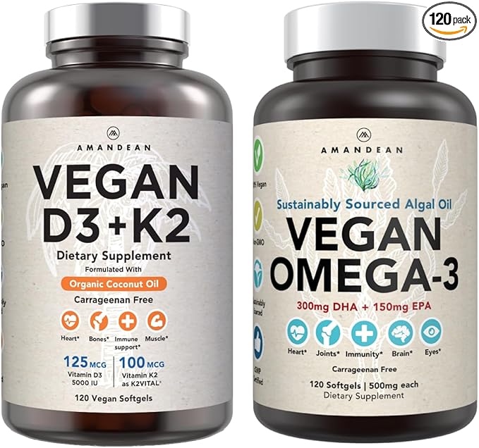 Vegan Powerhouse Combo. Omega-3 from Algal Oil & Vitamin D3 + K2. Plant-Based 5000 iu VIT D from Algae. 100 mcg All-Trans MK-7 Vita K. Carrageenan Free Veggie Softgels.