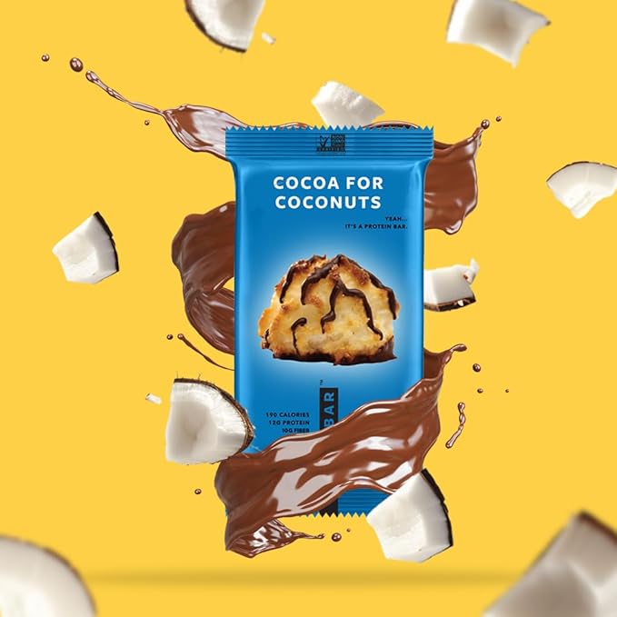 TRUBAR Vegan Protein Bar, Cocoa For Coconuts, Gluten Free, Plant Based Protein, Dairy Free, Non GMO, Soy Free, No Sugar Alcohols, 12G Protein, 12G Fiber, 23G Carb, On the Go Snack Bars, 8ct