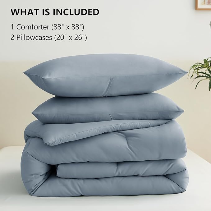 CozyLux Grayish Blue Comforter Set Queen Size, 3 Pieces Solid Breathable Quilted Boho Style Bedding Sets, Luxury Fluffy Soft Microfiber Comforter for All Season(1 Comforter & 2 Pillowcases)