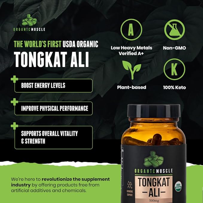 Organic Muscle Tongkat Ali for Men, 500mg - Pure & Potent USDA Eurycoma Longifolia Root Supplement 60 Count – Wild Grown Men's Health Hormone Support for Male Performance, Drive & Energizer