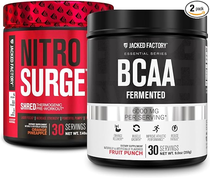 Jacked Factory Nitrosurge Shred Thermogenic Pre-Workout in Orange Pineapple & BCAA in Fruit Punch for Body Recomposition, Muscle Building and Recovery