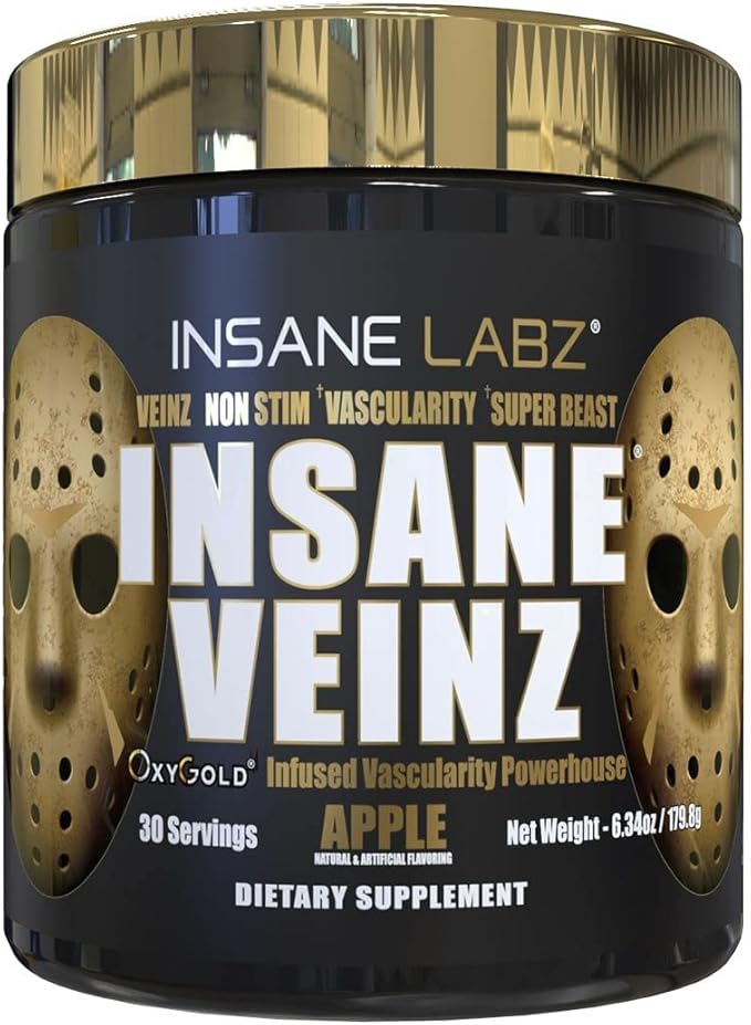 Insane Labz Insane Veinz Gold, Nitric Oxide Non Stimulant pre Workout Powder, Loaded with Hydromax, Nitrosigine, Increases Vascularity and Blood Flow, 30 Srvgs, Apple