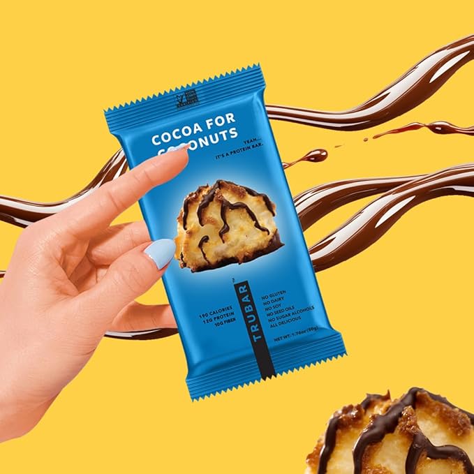 TRUBAR Vegan Protein Bar, Cocoa For Coconuts, Gluten Free, Plant Based Protein, Dairy Free, Non GMO, Soy Free, No Sugar Alcohols, 12G Protein, 12G Fiber, 23G Carb, On the Go Snack Bars, 8ct