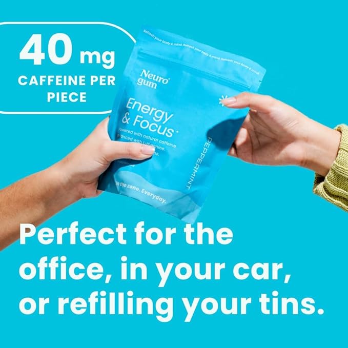 NeuroGum Energy Caffeine Gum (90 Pieces) - Sugar Free with L-theanine + Natural Caffeine + Vitamin B12 & B6 - Nootropic Energy & Focus Supplement for Women & Men - Keto & Vegan, Peppermint Flavor