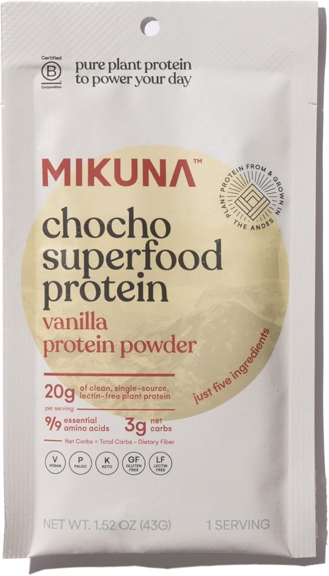 Mikuna Chocho Superfood Protein, Plant-Based Protein Powder - Vegan, Gluten Free, 3g Net Carbs or Less, and Bioavailable, Non-Isolate (8 Servings, Vanilla)