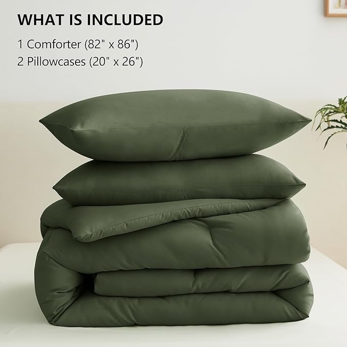 CozyLux Olive Green Comforter Set Full Size, 3 Pieces Solid Breathable Quilted Style Bedding Sets, Dark Olive Green Luxury Fluffy Soft Microfiber Comforter for All Season (1 Comforter & 2 Pillowcases)