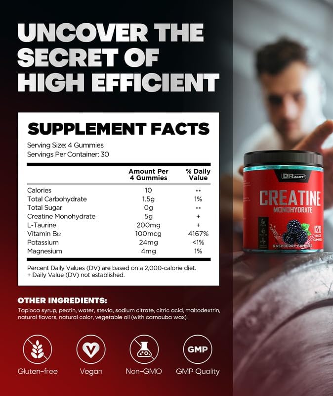 99.99% Creatine Monohydrate Gummies More 15% Strength, 5X Energy & Muscle Support Pre-Workout Complex Creatine for Women & Men with 5000mg Creatine, L-Taurine, B12, Mg and K, 0 Sugar, Vegan
