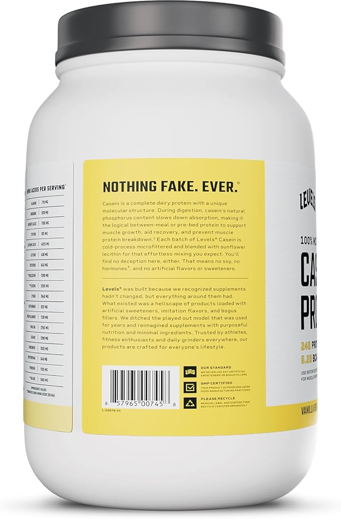 Levels 100% Micellar Casein Protein, Hormone Free, Vanilla Bean, 2LB