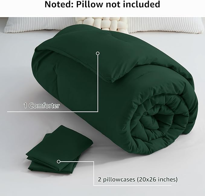 CozyLux Dark Emerald Green Comforter Set Full Size, 3 Pieces Solid Breathable Quilted Boho Style Forest Bedding Sets, Luxury Fluffy Soft Microfiber Comforter All Season(1 Comforter & 2 Pillowcases)