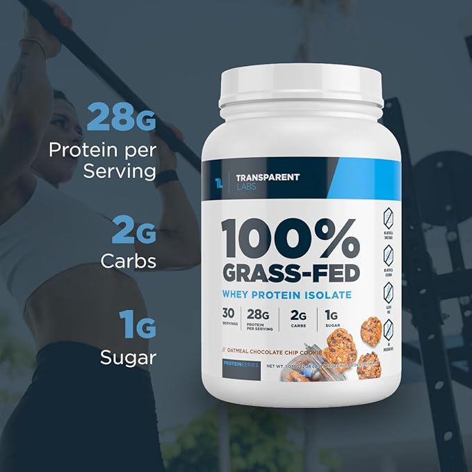 Transparent Labs Grass-Fed Whey Protein Isolate - Naturally Flavored, Gluten Free Whey Protein Powder with 28g of Protein per Serving & 9 Amino Acids - 30 Servings, Oatmeal Chocolate Chip Cookie