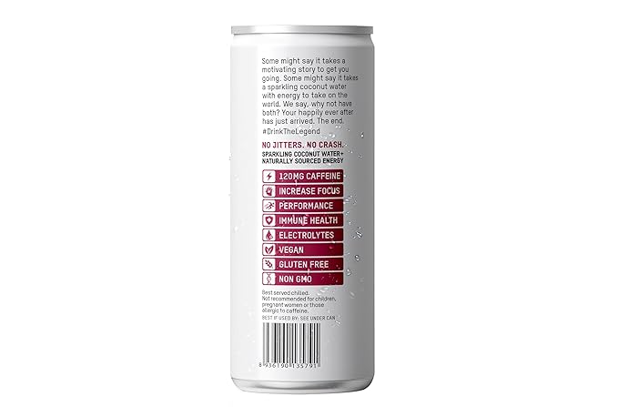 Once Upon a Coconut Sparkling Coconut Water + Caffeine | Electrolyte Drinks for Energy + Focus with Vitamin C - Pack of 12 Cans (each 10.8 fl oz)