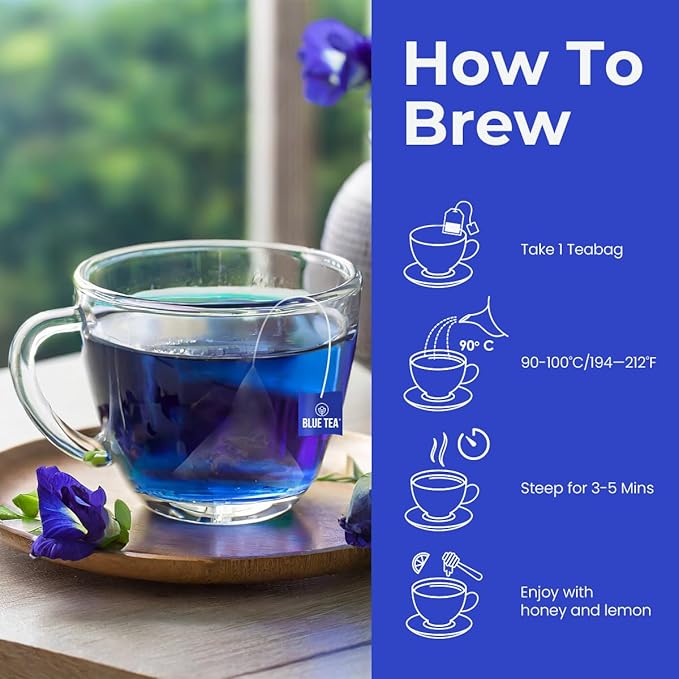 BLUE TEA - Butterfly Pea Flower Tea - Ashwagandha - 10 Count - Pyramid Plant Based Tea Bag | ANTIOXIDANT RICH | Caffeine Free - Flower Based - Non-GMO - No Additives | Zipper Packaging