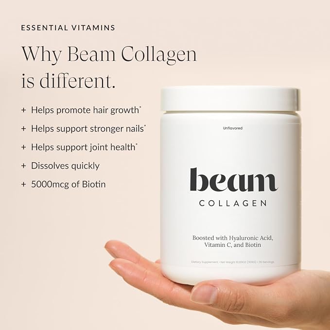 Beam Collagen Powder, Collagen for Women, Collagen with Hyaluronic Acid, Collagen Peptides Type 1 and 3, with Biotin, Grass Fed Bovine, Third-Party Tested, Best for Coffee, Vitamin C, 30 Servings