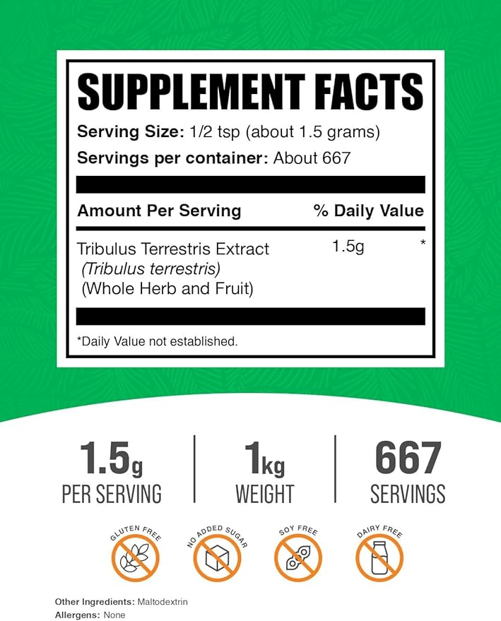BulkSupplements.com Tribulus Terrestris Extract Powder - Tribulus Terrestris Supplements, Tribulus Terrestris Powder - Herbal Supplement, 1500mg per Serving, 1kg (2.2 lbs) (Pack of 1)