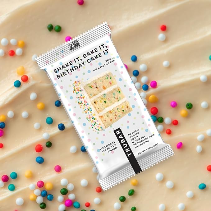 TRUBAR Vegan Protein Bar, Shake it Bake it Birthday Cake it, Gluten Free, Plant Based Protein, Dairy Free, Non GMO, Soy Free, No Sugar Alcohols, 12G Protein, 12G Fiber, 23G Carb, On the Go Snack Bars, 8ct