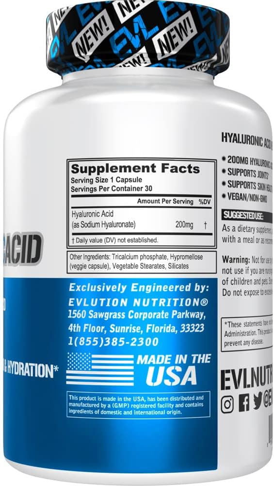 Evlution Vegan Dietary Hyaluronic Acid Supplement Nutrition 200mg Hyaluronic Acid Capsules Dry Skin Supplement for Women and Men for Itchy or Damaged Skin - High Potency Bioavailable Non GMO Formula