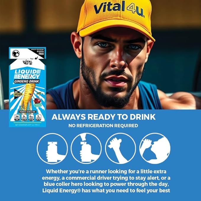 VITAL 4U® Liquid Energy Shot - Ginseng, Naturally Sweetened, Chocolate Cherry Flavor, 24 ct