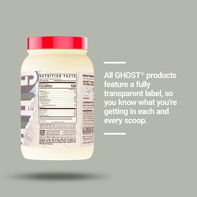 GHOST VEGAN Protein Powder, Peanut Butter Cereal Milk - 2lb, 20g of Protein - Plant-Based Pea & Organic Pumpkin Protein - Post Workout & Nutrition Shakes, Smoothies, & Baking - Soy & Gluten-Free